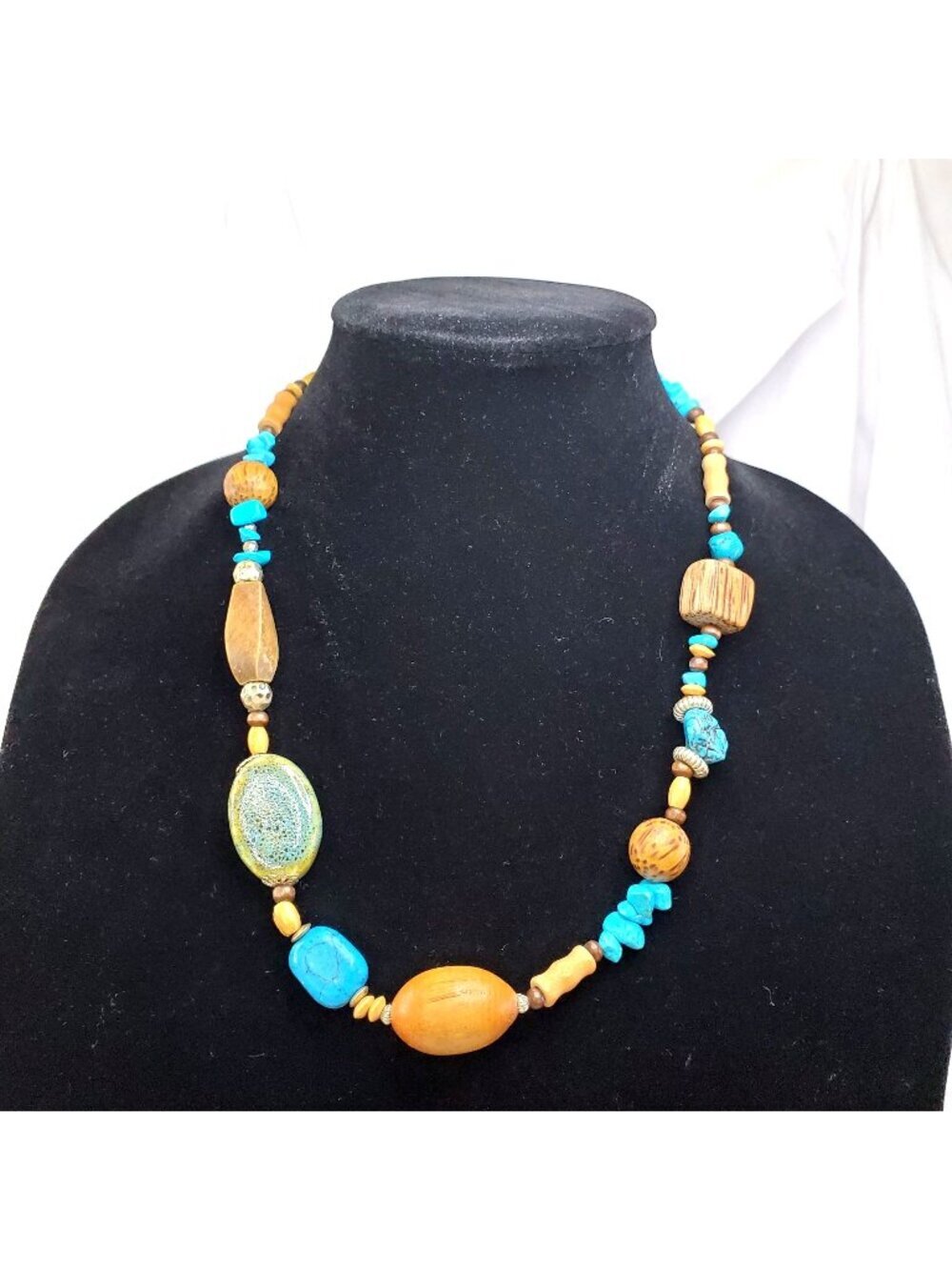 Esmor Boho Necklace With Mixed Wood Beads & Turquoise Accents 22-24 Inches
